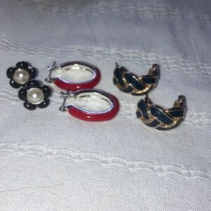 Vintage Red, Blue‎ & Black Metal Enamel Earring Set - 3 pair